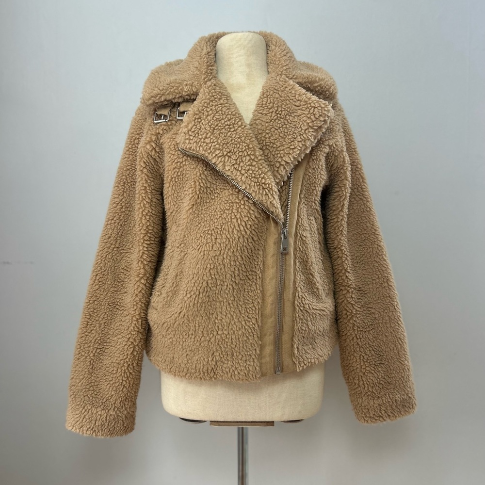 LEVI STRAUSS & CO Womens Beige Pocketed Zippered Sherpa Motorcycle Jacket Small